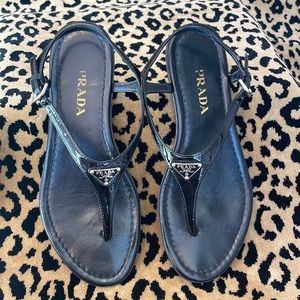 PRADA Black Patent Leather T-Strap Sandals, size 37